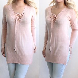 Pink Lace Up Sweater